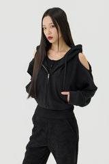 Shoulder Cutout Crop Hooded Zip-Up, Black
