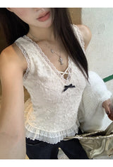Best Lace V-neck Frill Sleeveless T-shirt
