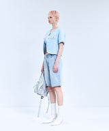 85-VIVAJ055 Textured Round Crop Tweed Half Jacket Sky Blue