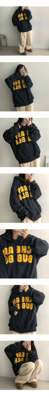 ヌーボンボクシーナッピングエンボスレタリングフード付きジップアップ