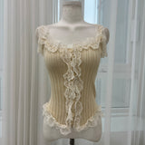 Lace frill front button ribbed sleeveless top (4 colors)
