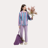 ロイヤル パープル アンド エメラルド グリーン コントラスト ストライプド スリープセット - 95% Cotton 5% Spandex Relaxed Pajamas