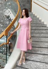 Sebit Heart-Neck Tulip Tweed Flared Long One Piece