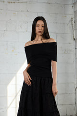 Drape Off-Shoulder T-Shirt - Black