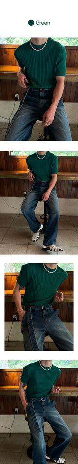 [BASIC ITEM] Cable round neck half knit(4color)