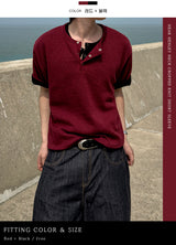 Near Henley Neck Cropped Knit Short Sleeve