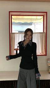 Checkered Shirt Layered Black Long-Sleeved T-Shirt