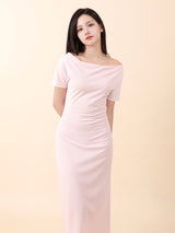 Off-Shoulder Slit Long Onepiece Pink