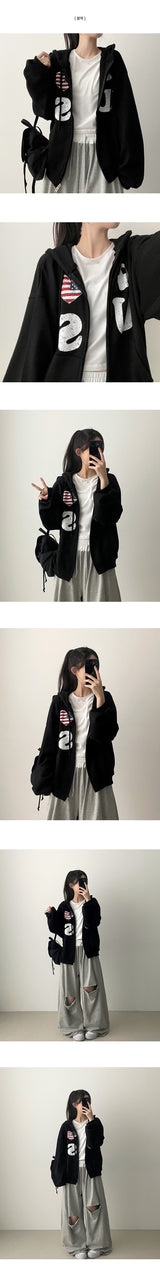 4US Heart American Flag Two-Way Hooded Zip-Up