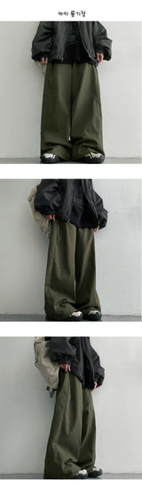 [3 Tier Length] [S-3XL] ウェンドサイドスリットバンデッドワイドパンツ (4 colors) ヘムストリング