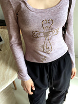 Comfo ビンテージクロスストラップディープUネック長袖Tシャツ