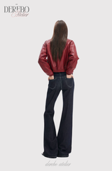ディープグリーンペーパーフレアドロングデニムパンツ