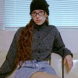Boucle Turtleneck Cardigan (CHARCOAL)