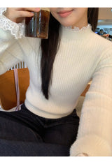 lace ribbed white turtleneck long-sleeved knitwear