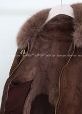 Fur collar high neck slim fit short suede coat
