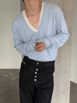 Linen deep v neck knit(4color)