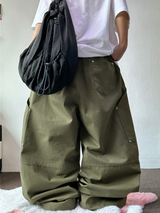 ストリング/コリアン/リベット 🤎 トリエンジェルリベットコットンワイドバルーンロングパンツ🩶🤎🖤💚 - 4 カラーズ