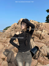 Unbuttoned off-shoulder halter strap long sleeve T-shirt (3 colors)