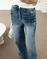 Rivet eyelet punching washed wide denim pants (Denim)