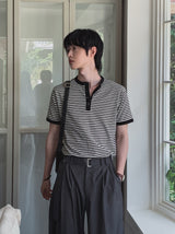 Yushi ストライプヘンリーネック半袖Tシャツ