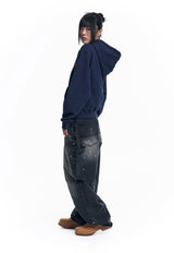 Curved Double Knee Denim Pants - Black