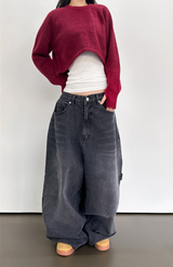 (WARMER DETAIL!) THICK CROPPED WIDE LOOSE ROUND KNIT - 2 COLOR