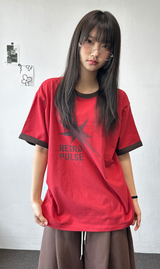 レットコントラストレタータトゥーパッチショートスリーブTシャツ3カラー