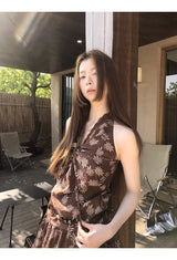 brown ethnic sleeveless skirt two-piece