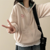 Check lining ribbon fleece hooded zip-up