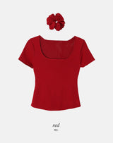 #Back Slit Square Short Sleeve Knit + Scrunchie Set (5color)