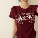 Two flower lines slim spandex short-sleeved shirt