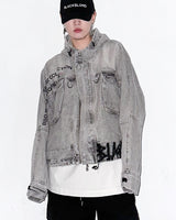 BBD ヴィンテージ クラッシュ フード デニム ジップアップ ジャケット (Vintage Gray)