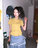 (2color) Scarf Slub Stripe Lace Tiered Skirt