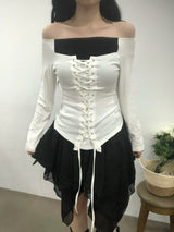 リボンコルセットオフショルダーTシャツ