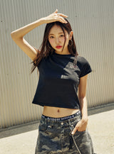 (W) Who love クロップド半袖Tシャツ