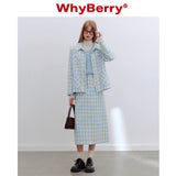 Why Berry 24SS "Sea Salt Bubble" Blue and White Checkered Short Coat Shoulder Pads Straight Jacket