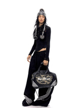 NyDkyel™ Black patchwork camouflage canvas leather embroidered logo cylinder bag