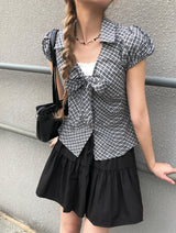 Ession Ribbon Puff V-Neck Check Shirt