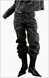 DIAMOND PATCH WASHING BLACK DENIM PANTS