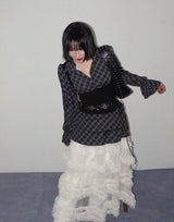 ベストレイヤードチェックミニドレス (BLACK)