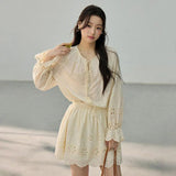 [SET] Eyelet Bell Sleeve Blouse & Mini Skirt Set