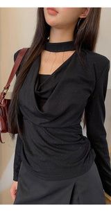 Black Chic Shimmering Halterneck Long-Sleeved T-Shirt