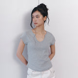 C 90S ラインスリットネック半袖Tシャツ_グレー