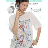 BETWEENANDxOliwa New women’s summer loose-fit two-color collaborative illustration round-neck short-sleeve T-shirt