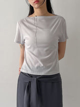 Rose Ribbed Boat Neck Short Sleeve T-shirt