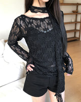 Diven Flower Pattern Sheer Lace Blouse Set