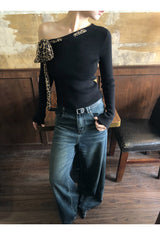 Leopard scarf unbalanced off-shoulder knitwear