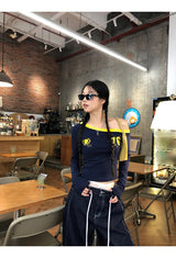 アンバランスオフショルダーブロックコアロングスリーブTシャツ