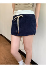 Navy drawstring terry mini skirt