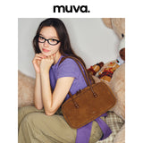 muva. Genuine‑Leather Cowhide‑Velvet Boston Bag, Large‑Capacity Original Niche Shoulder Purse for Autumn Winter, New Arrival Sep 3